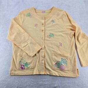 Palm Harbor Cardigan Womens PXL Coastal Embroidered Yellow Button Up Pockets